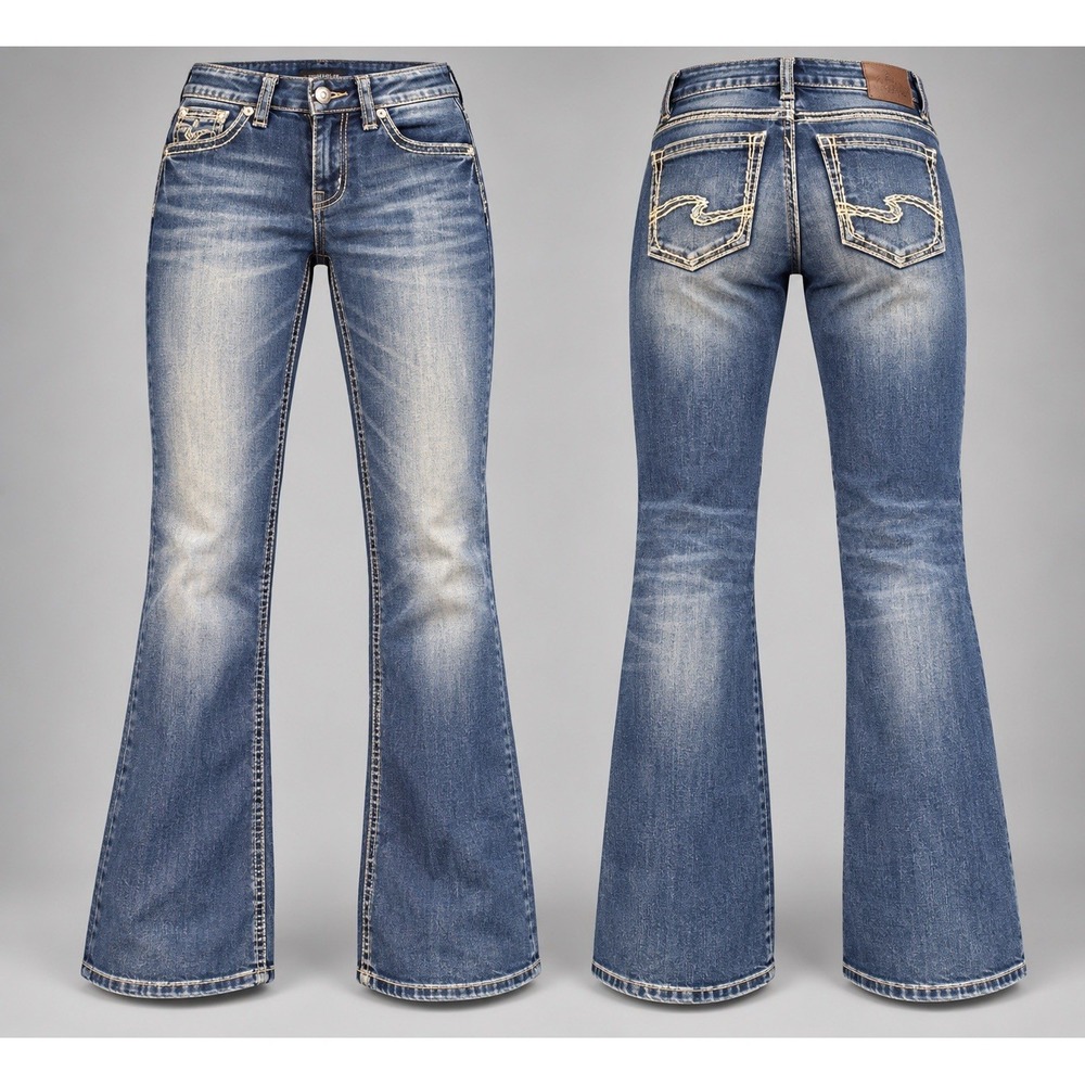 Silver Jeans Co Suki womens 33x33 Bootcut Dark Wash Distressed whiskering